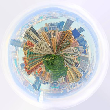 Hong Kong 'un 360 derecelik şehir manzarası ve ufuk çizgisi