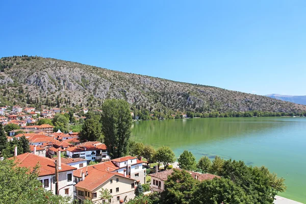 Stone traditional houses and lake Orestiada in Kastoria city (Epirus, Greece) — Stock Photo, Image