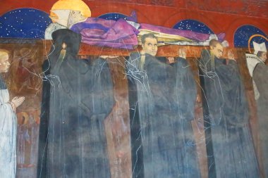 Mural with the funeral of the Pope and the ghosts on the wall of The Armenian Cathedral in Lviv, Ukraine clipart