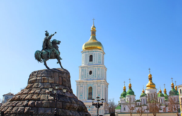 Historic monument to Hetman Bogdan Khmelnitsky and Saint Sophia Cathedral on Sofia square in Kyiv, Ukraine