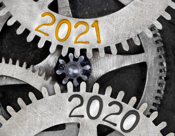 Fénykép Fogkerék Mechanizmus Számok 2021 2020 Nyomtatott Fém Felületen Újévi — Stock Fotó