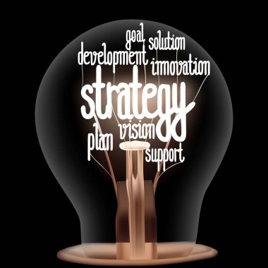 Strateji, Hedef, Planlama, Geliştirme ve Destekleme konsepti şeklinde parlayan fiberli ampulün vektör ilülasyonu siyah arkaplanda izole edilmiş sözcükler