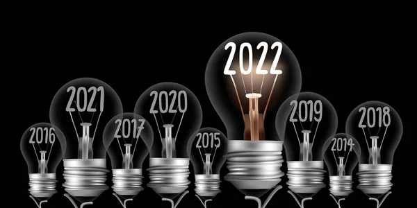 2022 Yılına Uygun Lifli Ampul Grubunun Vektör Ilülasyonu Siyah Arka — Stok Vektör