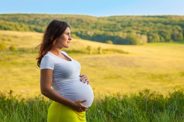 Happy pregnant woman on the background of sunlit valley — Stock Photo, Image