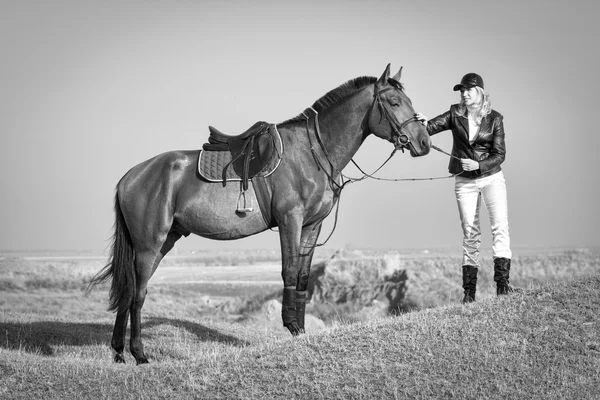 Horsewoman and Horse in the Steppe, Black and White — Stock Photo, Image