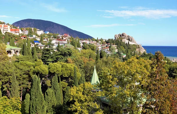 Deniz Kıyısındaki Tropikal Iklim Bölgesinde Küçük Bir Yerleşim Alanının Üst — Stok fotoğraf