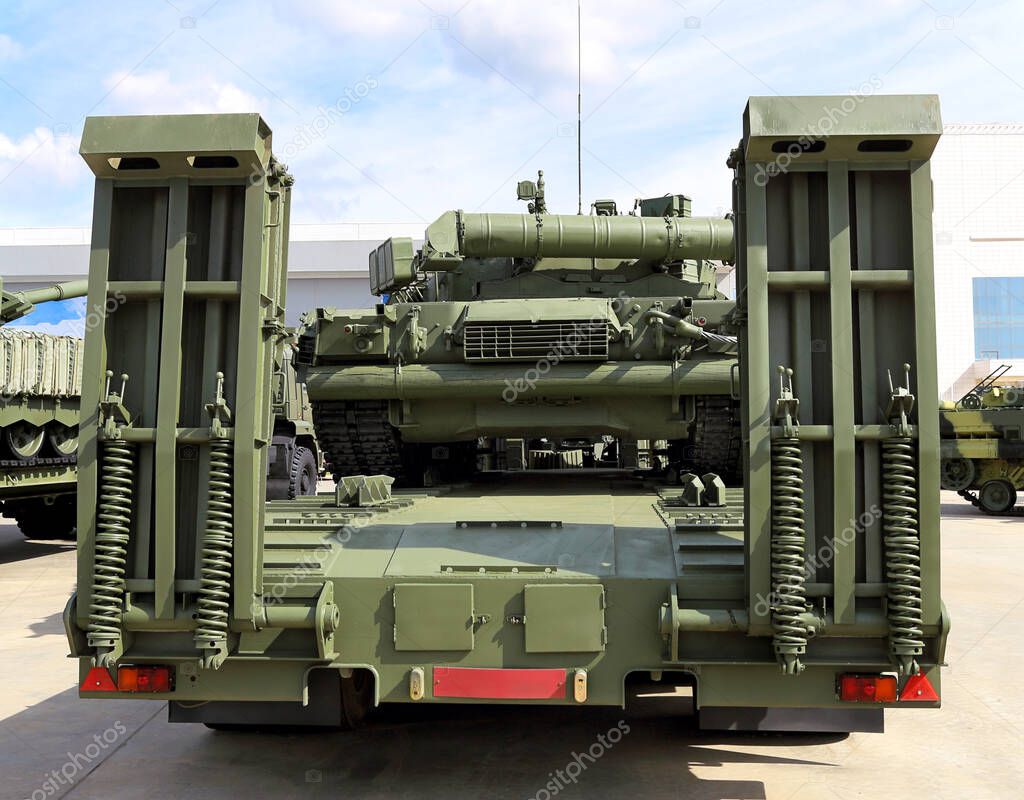 Russian-made heavy wheel platform for tank transportation in the marching position, rear view
