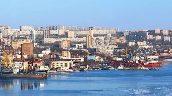 Vladivostok Russia January Landscape Bay Seaside Town Vessels Water Area — Stock Photo, Image