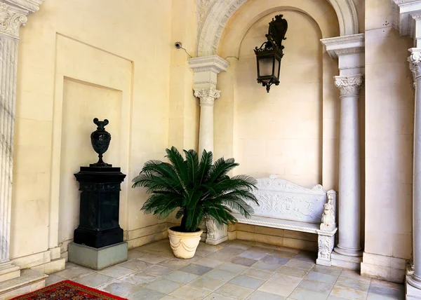 Iterior de palacio blanco con arco y palmera —  Fotos de Stock