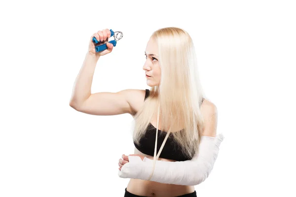 Fitness lány egy törött kar — Stock Fotó