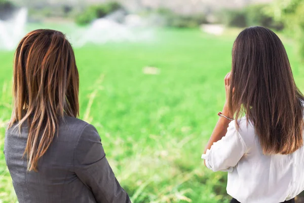 Duas Mulheres Negócios Frente Campo Com Sistema Irrigação Agrícola Aspersores — Fotografia de Stock