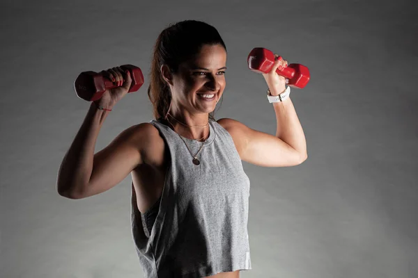 Fitness Girl Posing Lifting Weights Positive Smiling Expression — Stock Photo, Image