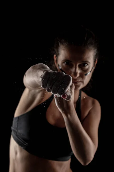 Kickboxer Kirl Magnesium Powder Her Hands Punching Dust Visible — Stock Photo, Image