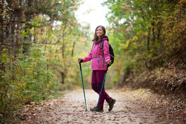 Dağlarda Geniş Bir Patikada Duran Yürüyüşçü Kız Ormanda Pembe Ceketli — Stok fotoğraf