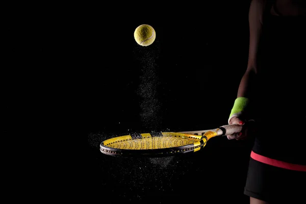 Pelota Tenis Rebotando Raqueta Puntos Polvo Suciedad Magnesio Visibles Aire —  Fotos de Stock