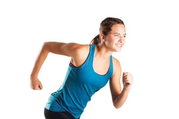 Porträt Eines Rennenden Mädchens Läuferin Isoliert Auf Weißem Hintergrund — Stockfoto