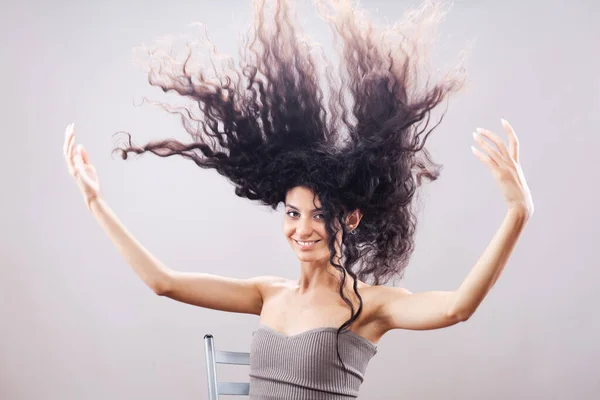 Beautiful Brunette Girl Long Curly Hair Air Studio Portrait Happy Stock Photo