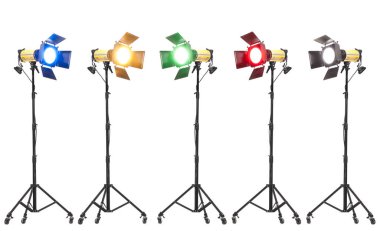 Flash lights with barn doors on stand with wheels. Studio lighting equipment isolated on white background. clipart