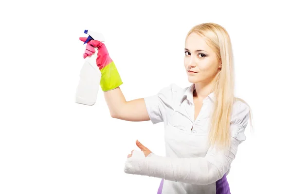 Girl Broken Arm Plaster Holding Cleaning Product — Stock Photo, Image