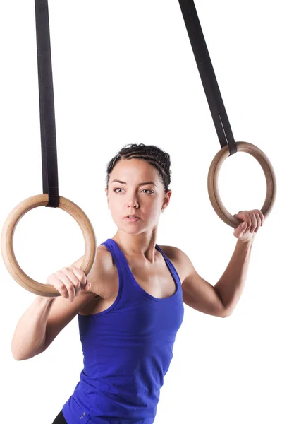 Fit Girl Girl Exercising Gymnastic Rings Isolated White Background — Stok fotoğraf