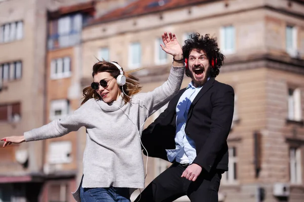 Young Business Colleagues Dancing Together Headphones Work Happy Friends Jumping — Stock Photo, Image