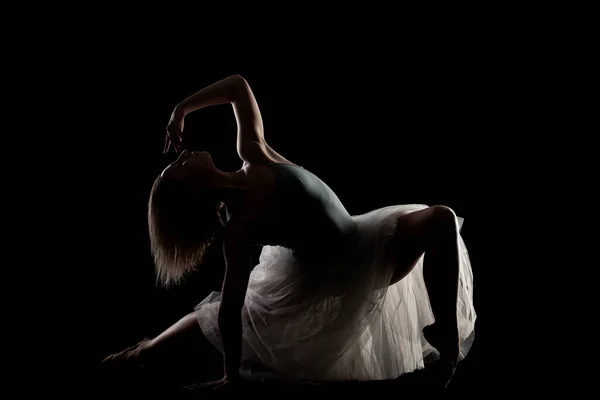 Ballerina White Dress Black Top Posing Black Background Side Lit — Stock Photo, Image