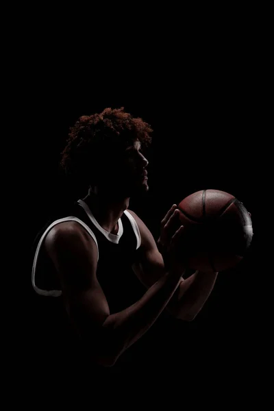 Professional Basketball Player Holding Ball Black Background Serious Concentrated African — Stock Photo, Image