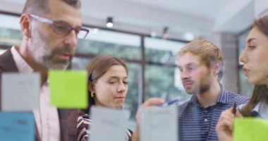 İş arkadaşları proje projelerini tartışıyor. Kafkas iş adamlarından oluşan bir ekip yapışkan notlarla cam duvarın yanında duruyor. Renkli çıkartmalı Scrum metodolojisi. El bilgisayarı videosu.