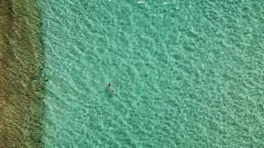 İki insan yüzüyor ve Yunanistan 'ın berrak, turkuaz sularının tadını çıkarıyor. Güzel su sakin ve berrak.