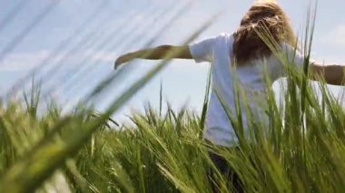 Bereketli yeşil çimenler ve açık mavi bir gökyüzü ile çevrili canlı bir çayırda neşeli bir yürüyüş yapmak. Bu dingin deneyim, doğanın ve kişisel özgürlüğün özünü yakalar..