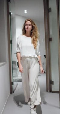 Rahat giyimli, kendine güvenen genç bir kadın aydınlık, modern bir salon koridorunda yürüyor..