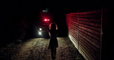 Genç bir kız geceleyin çakıllı bir yolda dikkatli bir şekilde yürüyor karanlıkta bir polis aracının siluetine doğru ilerliyor. Araba farları onun etrafında ürkütücü bir ışık yansıtıyor. Eller yukarı!.