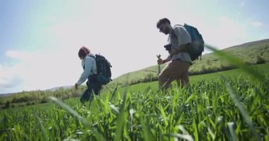 Güneşli bir günde yemyeşil bir arazide birkaç yürüyüş. Uzak bir ormana doğru yürürken manzaranın ve temiz havanın tadını çıkarırlar..