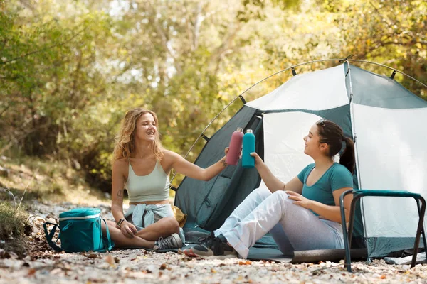 Bir kamp alanındaki arkadaşlar, ağaçlar ve doğa tarafından çevrelenmiş bir şekilde, sıcak güneşin altında, yerde oturmuş, gülümsüyor ve içecek şişelerini kaldırıyorlar..