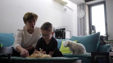 Büyükannem ve torunum blok oyunu oynuyorlar. Oturma odasındaki kanepede birlikte eğleniyorlar. Küçük beyaz bir köpek oturur ve onları izler..