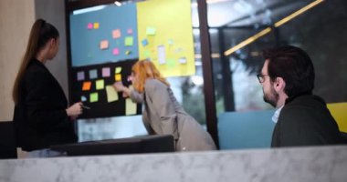 İki takım üyesi modern bir ofiste proje için fikir alışverişinde bulunuyor. Düşüncelerini düzenlemek için tahtaya yapışkan notlar koyarlar. Üçüncü bir kişi gözlemler ve not alır..