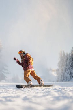 Ormandaki bir yamaçta kar kayağı yapan biri. Güneş ışıl ışıl parlıyor ve kar taze ve kabarık. Snowboardcu kış kıyafeti giyer ve gezintiden zevk alır..
