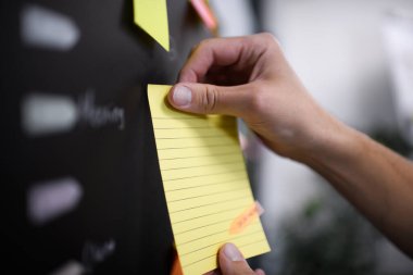 Bir kişi, proje fikirleri ve planlama üzerine odaklanmış çalışma oturumu sırasında ofis ortamındaki renkli notlarla dolu bir tahtaya sarı yapışkan bir not iliştirmek için elini kullanıyor..