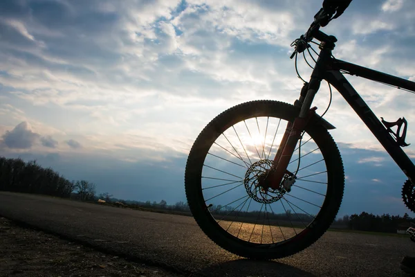 Motociclista che fa trucchi. Mountain Bike ciclista equitazione single track al sorgere del sole stile di vita sano atleta attivo fare sport — Foto Stock