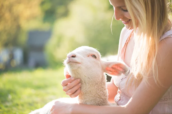 Image rapprochée d'un jeune agneau mignon prenant soin d'une agricultrice. Femme heureuse souriant et tenant un agneau mignon . — Photo
