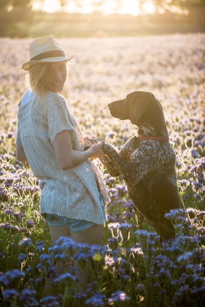 Flicka leker med hund — Stockfoto