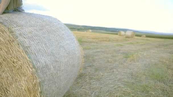 Woman on a hay roll — Stock Video