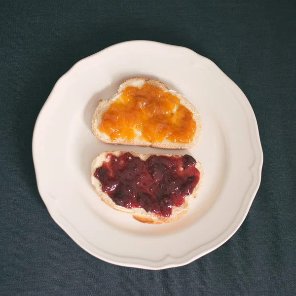 Jam and toast, breakfast in bed — Stock Photo, Image