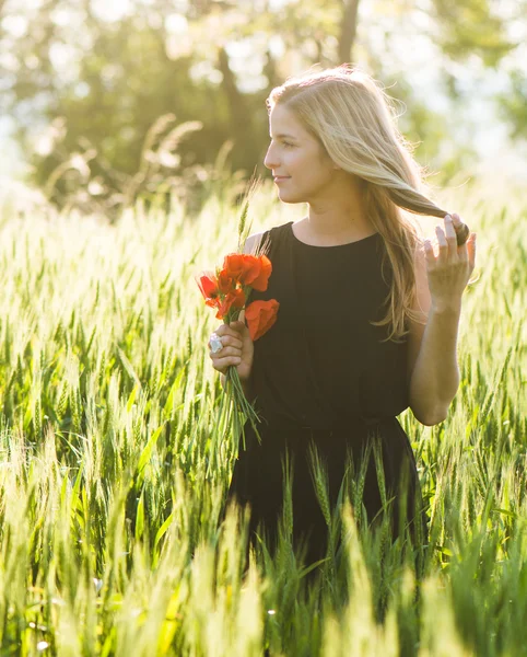 Young beautiful woman harvesting poppy — Stock Photo, Image
