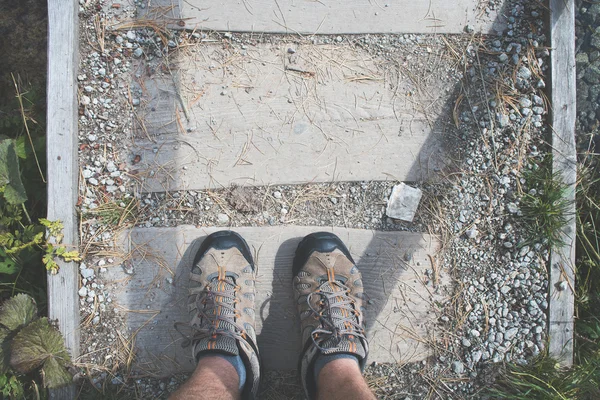 Hiking shoes on forest track — Φωτογραφία Αρχείου