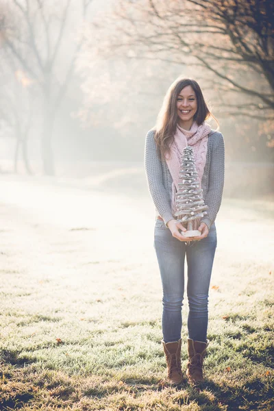 Morena mujer celebración DIY árbol de Navidad decoración al aire libre —  Fotos de Stock