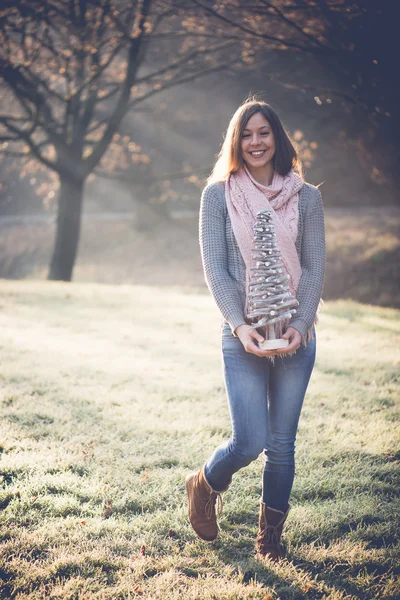 Bruna donna tenendo fai da te albero di Natale decorazione all'aperto — Foto Stock