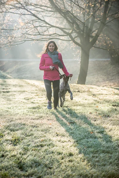 Biegacz kobieta i jej pies ładny niemiecki wskaźnik działa razem odkryty w pięknym parku. — Zdjęcie stockowe