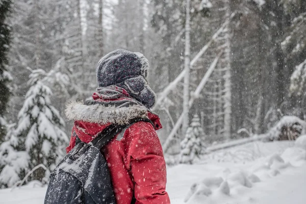 Mulher viajante em trilha de inverno — Fotografia de Stock