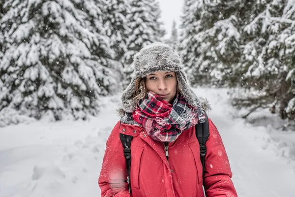 Жінка на снігу вкрита сосновими деревами — стокове фото